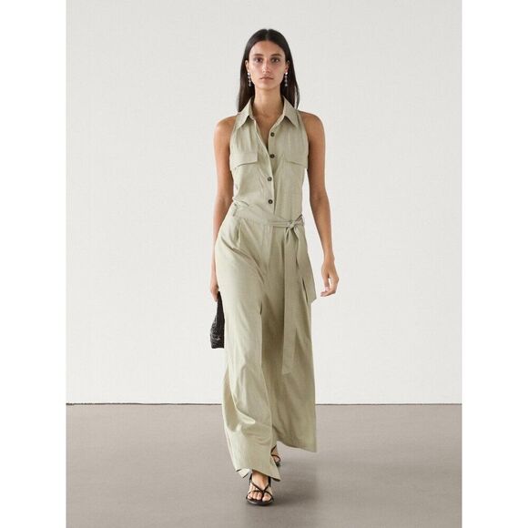 Massimo Dutti Womens Flowing Trench Jumpsuit Size M Khaki Wide Leg 6671/400 NWD - Picture 1 of 10